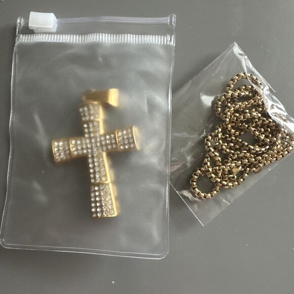 Cross Pendant Stainless Steel Cubic Zirconia 24” Chain Necklace Hip Hop Gold Men - Picture 6 of 6